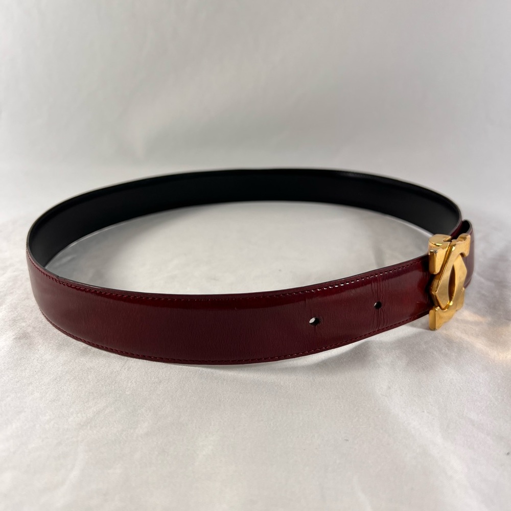 CARTIER Paris Burgundy and Black Leather Reversible Logo Belt Woman 28"/ 31" - Picture 4 of 10